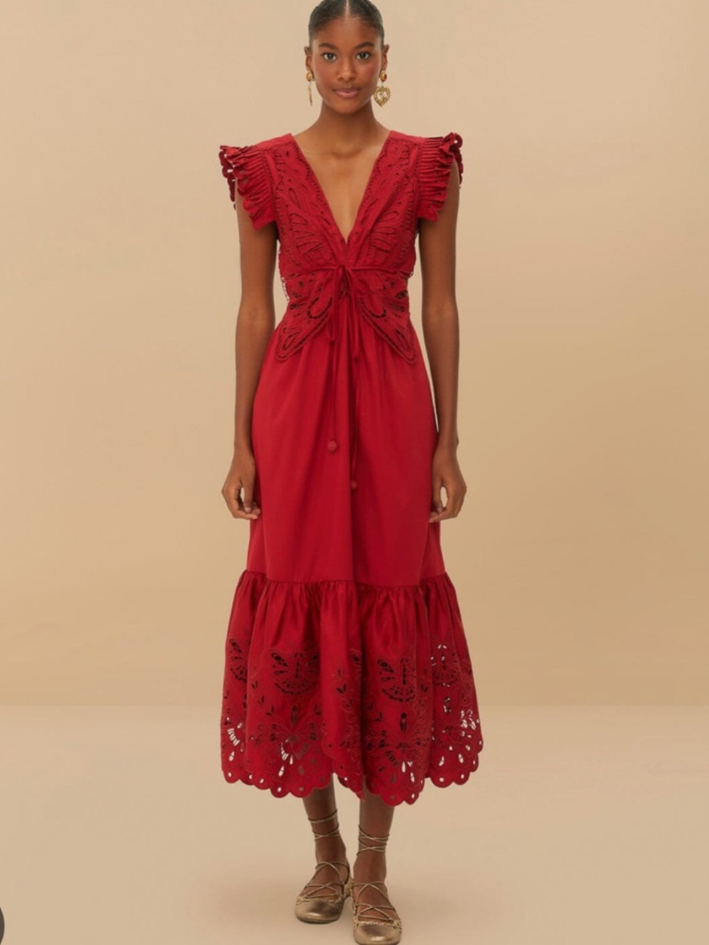 NWT Farm Rio Red Butterfly Eyelet Tie-Front Maxi Dress - Picture 6 of 6
